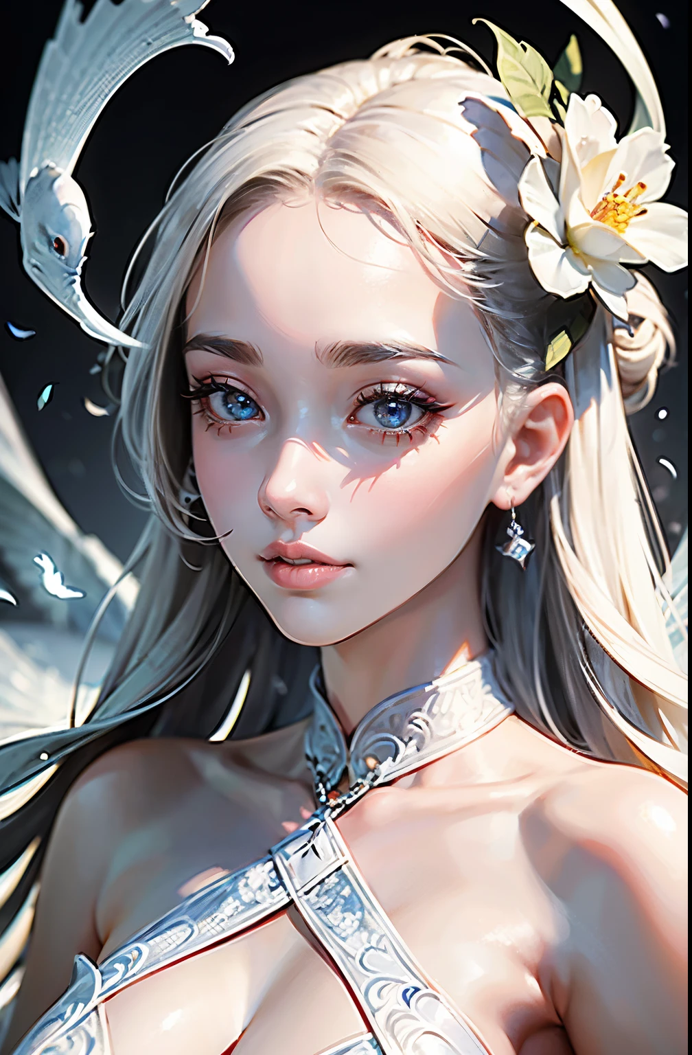 (very detailed, mackerel,8k,professional),beautiful and delicate eyes,beautiful and delicate lips,very detailed 눈과 얼굴,long eyelashes,1 woman,Pale Ghost Girl,white porcelain skin,Soft portrait,red lips,white dress,white hat,Guweiz style work,pale young ghost girl,white porcelain skin,Created by: Russell Lu Dongjun,subtle milky white porcelain skin,Elegant lady with porcelain skin and fairy-tale features