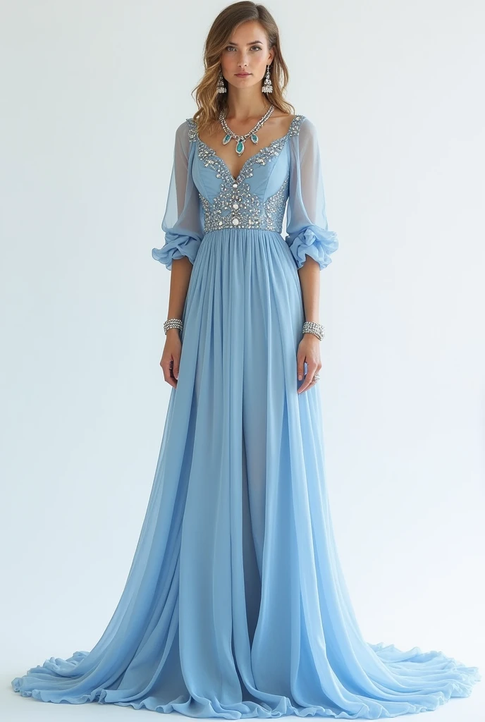 A long flowing dress, the fabric should be light and comfortable, such as silk or chiffon, to give the outfit a gentle and graceful movement. A sweet or V-neck that is not too low adds elegance and neatness while looking gentle and not too flashy. Long or three-quarter sleeves make it look polite and appropriate for formal events, adding elegance and a sense of lightness. This outfit is available in light blue or silver, reflecting the peace and purity of water. Add luxury by decorating with crystals or small sequins that make the outfit sparkle when hit by the light. Intricate embroidery of water droplets or water waves around the collar, sleeves, or hem adds sophistication and uniqueness to the outfit. Choose a necklace with a water drop pendant, or a necklace with a water wave pendant that complements the outfit and earrings adorned with blue or silver crystals to add luxury and complete the look. Bracelets or rings with intricate designs and adorned with blue or silver gemstones add elegance while maintaining grace and gentleness. Silver or light blue high heels.: High heels that complement the outfit, such as silver or light blue, with a simple and elegant design, suitable for walking at formal events. A shawl made of sheer chiffon fabric in a color that complements the outfit, such as light blue or silver, to add softness and elegance while making the outfit look more perfect.