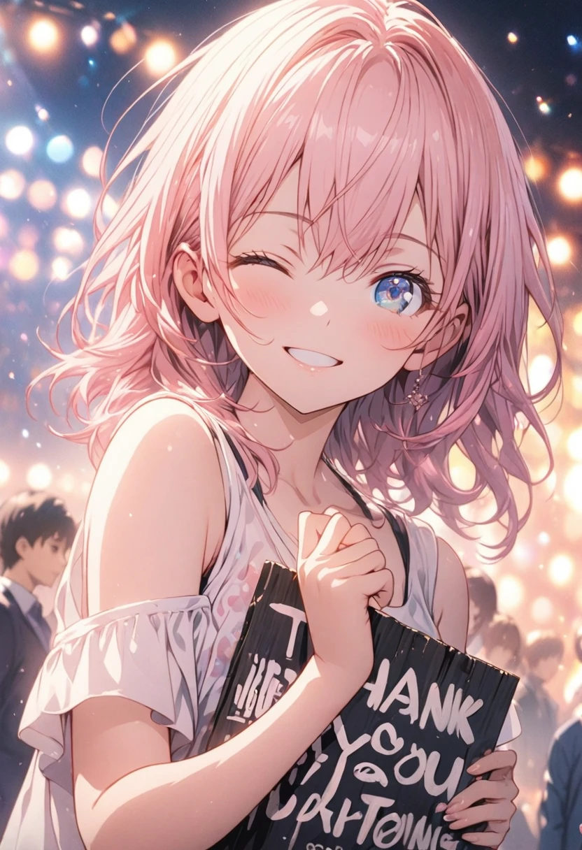 masterpiece, Highest quality, Highly detailed CG Unity 8k wallpaper, High School Girl Anime Illustration. Wear an oversized tank top、she holds a sign that says, "Thank you for everything, 500 followers," in black text, she has her eyes closed and mouth open, smile. The background is a light pastel colored landscape., Pink hair color, blue eyes, Bokeh, (Soft Focus):1.2, Out of focus highlights, Dreamy atmosphere, Glowing circle, Fascinating Depth, The background is also realistic