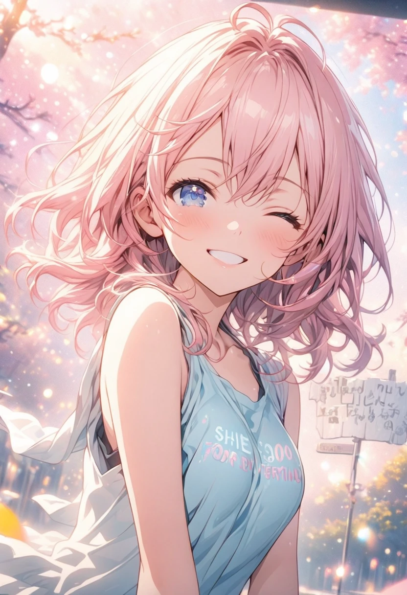 masterpiece, Highest quality, Highly detailed CG Unity 8k wallpaper, High School Girl Anime Illustration. Wear an oversized tank top、she holds a sign that says, "Thank you for everything, 500 followers," in black text, she has her eyes closed and mouth open, smile. The background is a light pastel colored landscape., Pink hair color, blue eyes, Bokeh, (Soft Focus):1.2, Out of focus highlights, Dreamy atmosphere, Glowing circle, Fascinating Depth, The background is also realistic