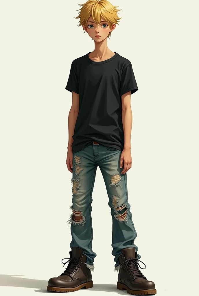 Make me a blond boy who is very tall and with a black t-shirt with stains on it and black and much too small ripped jeans and make the pants so small that you can see his underwear and give the boy super long white shoes with ropes as laces