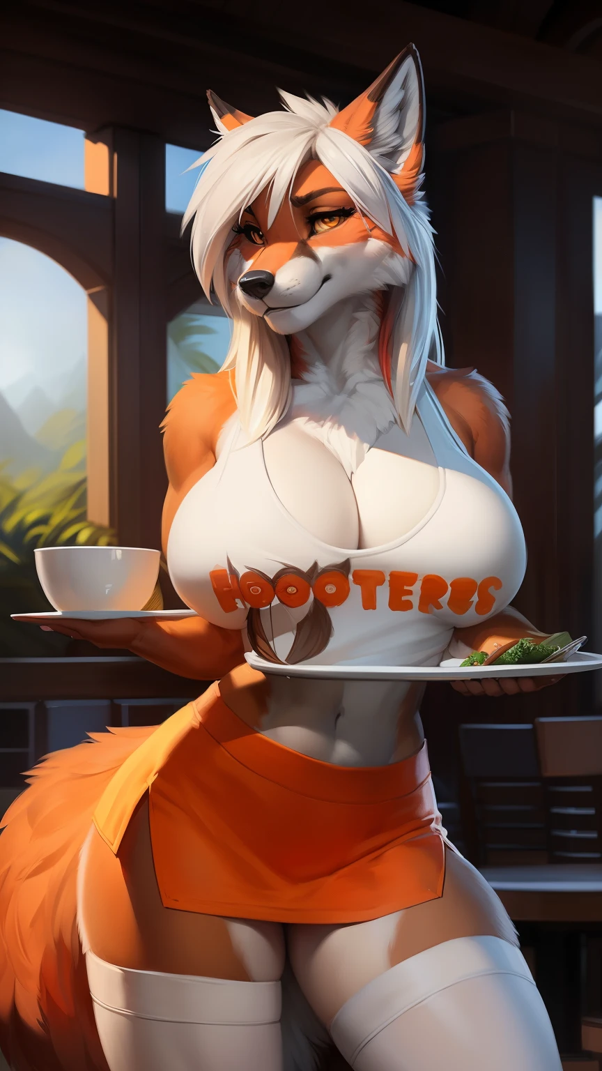Draft Sketch (nsfw)))), uploaded the e621, beautiful and detailed,woman (((female))) ((anthro)) vixan, Ross Tran, by ruan jia, by zaush, by foxovh, lighting cinematic, seductor, vixan, thighighs, (huge chest) foxovh 1girls ai_generated masterpiece:1.2, best quality, realistic, (real picture, intricate details, depth of field), beautiful blonde woman, she has striking golden eyes, highly-detailed, perfect face, (huge breasts:1.3), (skindentation), thick thighs, wide hips, small waist, fit body, tall, (huge ass:1.1), blushing, sexy, wearing Hooters outfit, wet white tank top, a orange skirt, waiters, t-shirt, bottomless, vluva, holding a tray of with one hand, sfw , mohawk on one side, ,mohawk haircut, hair white with highlights pink, thight high white leggings, in bouth legs completly sexy =((((sfw)))), uploaded the e621, beautiful and detailed,woman (((female))) ((anthro)) fox, Ross Tran, by ruan jia, by zaush, by foxovh, lighting cinematic, seductor, fox, thighighs, (huge chest), full body view,