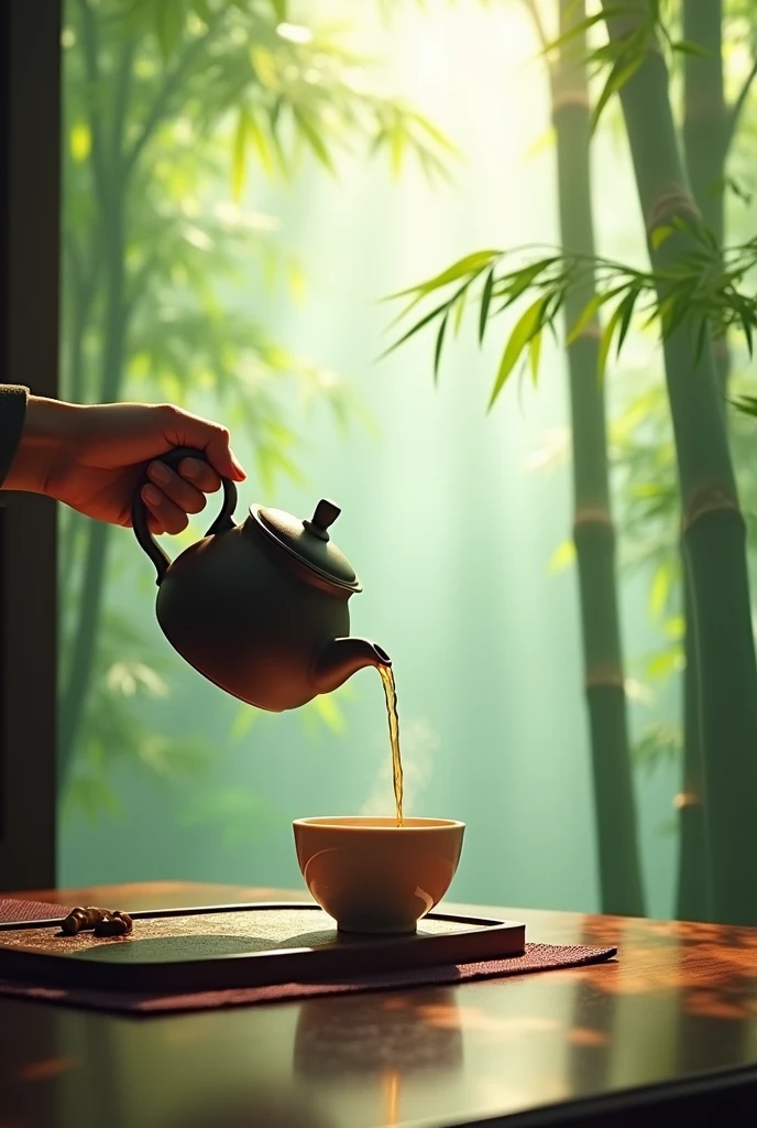 The window is foggy,,Bamboo Indoor,A perfect holding teapot,Pouring tea into an empty cup,Very detailed,HD,Clear details