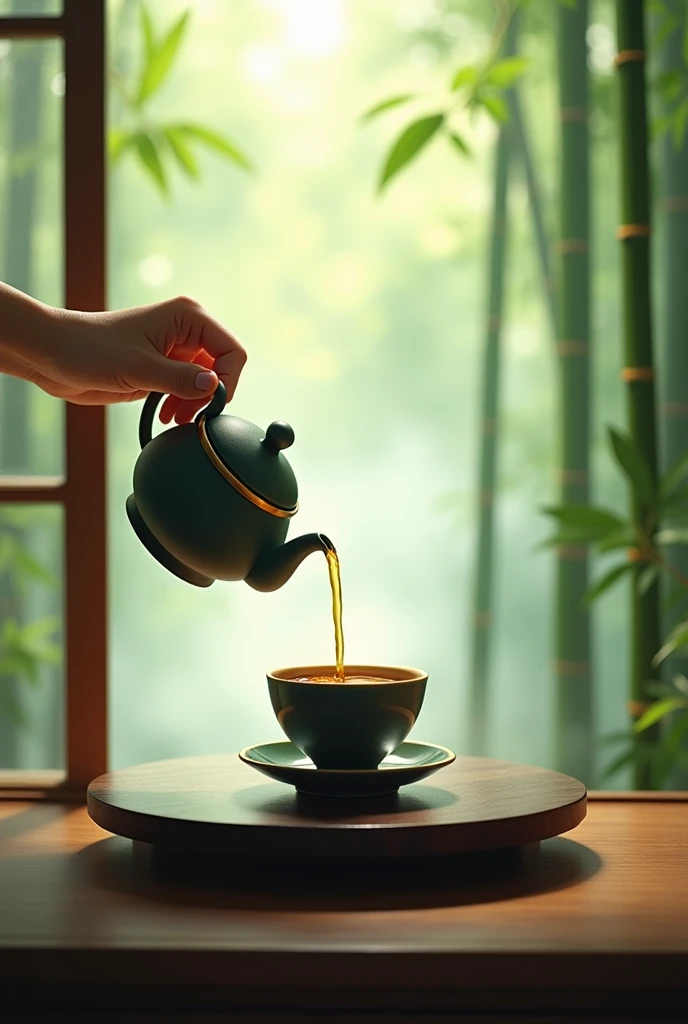 The window is foggy,,Bamboo Indoor,A perfect holding teapot,Pouring tea into an empty cup,Very detailed,HD,Clear details