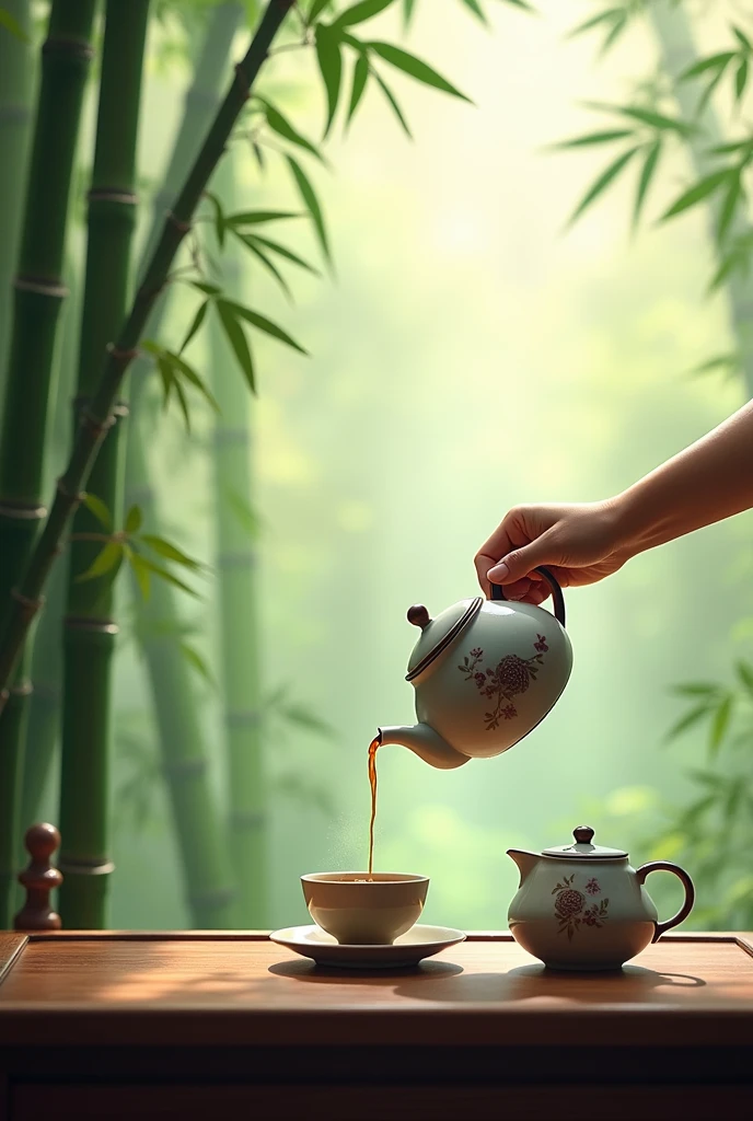 The window is foggy,,Bamboo Indoor,A perfect holding teapot,Pouring tea into an empty cup,Very detailed,HD,Clear details