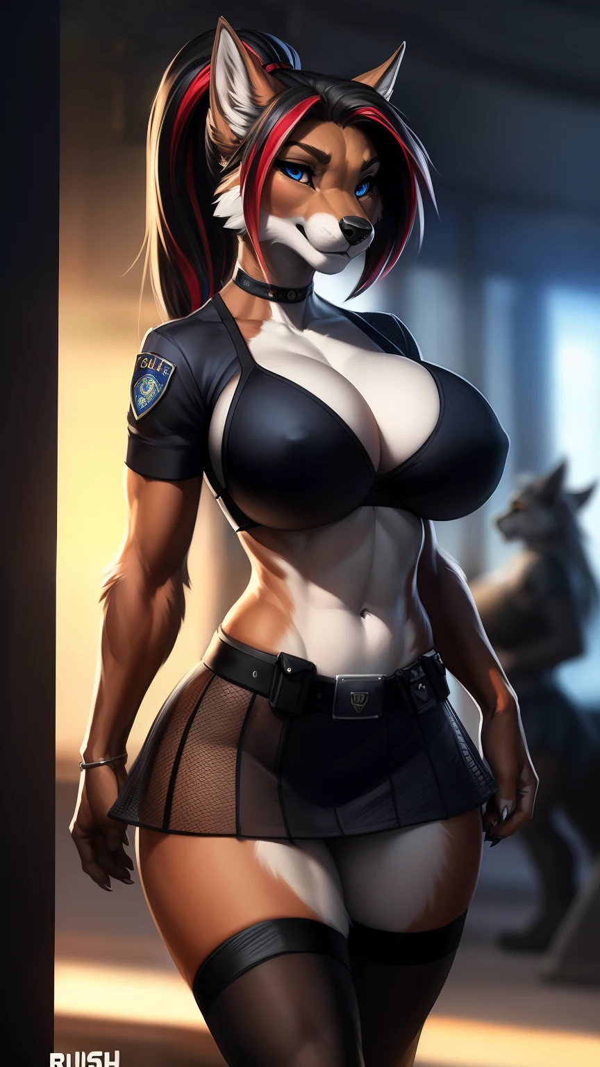Draft Sketch (nsfw)))), uploaded the e621, beautiful and detailed, (((female))) ((anthro)) werewolf, Ross Tran, by ruan jia, by zaush, by foxovh, lighting cinematic, seductor, werewolf, thighighs, (huge chest) foxovh 1girls ai_generated masterpiece:1.2, best quality, realistic, (real picture, intricate details, depth of field), beautiful blonde woman, she has striking blue eyes, highly-detailed, perfect face, (huge breasts:1.3), (skindentation), thick thighs, wide hips, small waist, tall, (huge ass:1.1), blushing, sexy, wearing tight slim tiny erotic police red dress, nsfw ponytail hair, hair black with highlights red, ponytail fishnet red in bouth legs completly (police t-shirt) (police-mini-skirt) (police-bra) (logo-police-clothes)