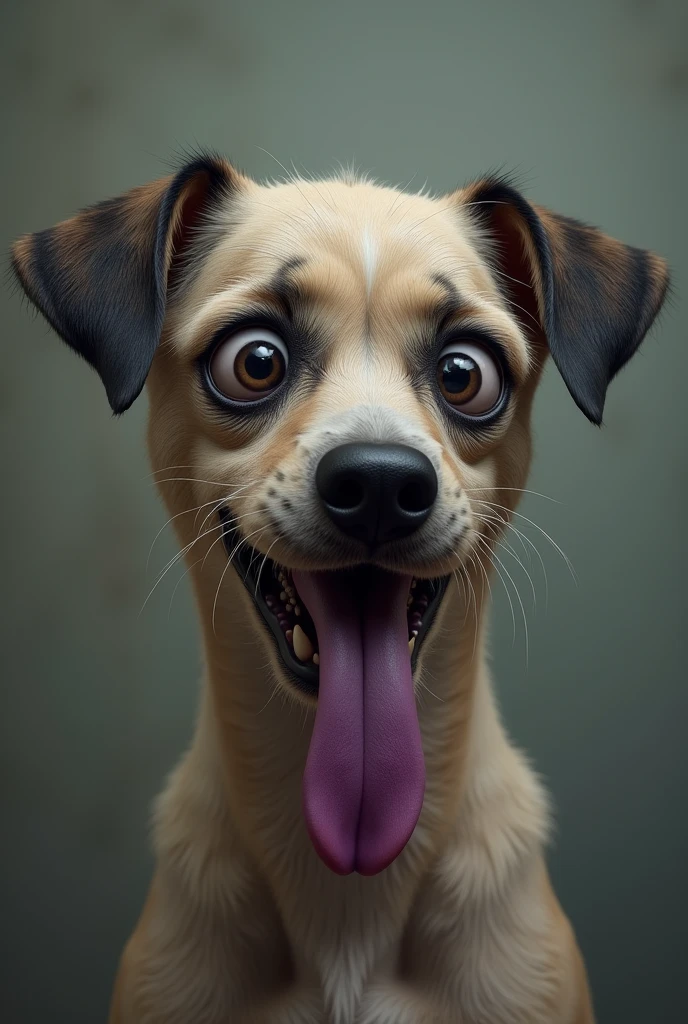 Dog, with a confused and scary expression, with big eyes and a purple tongue sticking out