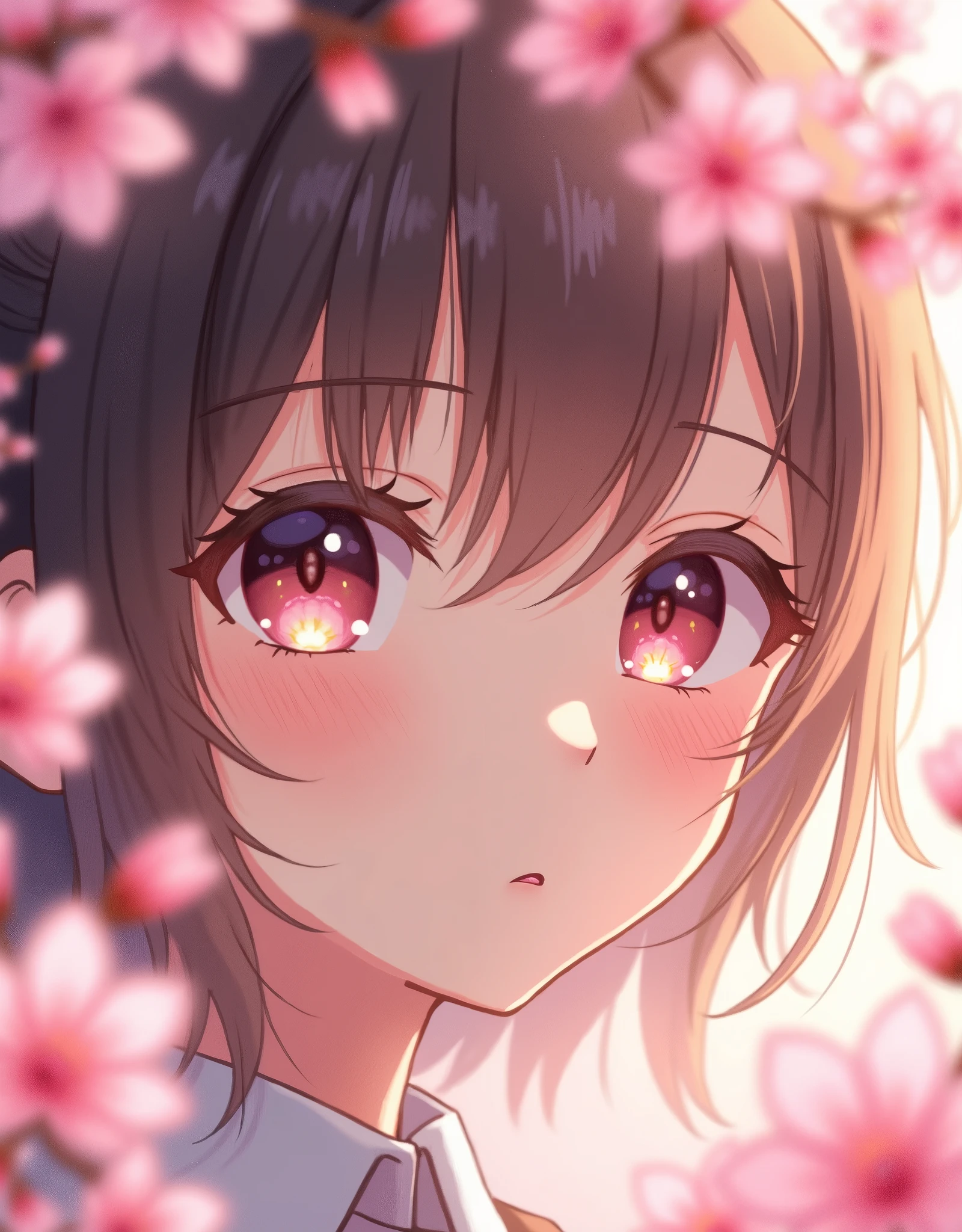 A ethereal and delicate anime-style portrait of a young girl's face partially obscured by vibrant cherry blossoms, rendered in a soft, dreamy aesthetic. The illustration features hyper-detailed eyes with reflective qualities, capturing a sense of innocence and wonder. Wispy strands of hair frame the face, blending seamlessly with the surrounding flora. The color palette is dominated by various shades of pink and peach, creating a harmonious and romantic atmosphere. Flowers are meticulously drawn with translucent petals, showcasing intricate details and a gossamer-like quality. Lighting is soft and diffused, evoking a springtime glow that enhances the overall warmth of the piece. The composition is intimate and close-up, with the blossoms strategically placed to create depth and frame the subject's gaze. Brush strokes are delicate and precise, achieving a balance between realism and stylized anime aesthetics. The background fades into a soft bokeh effect, further emphasizing the dreamlike quality of the image. This illustration embodies the essence of youth, beauty, and the ephemeral nature of spring, captured in a style that blends traditional anime art with contemporary digital painting techniques.