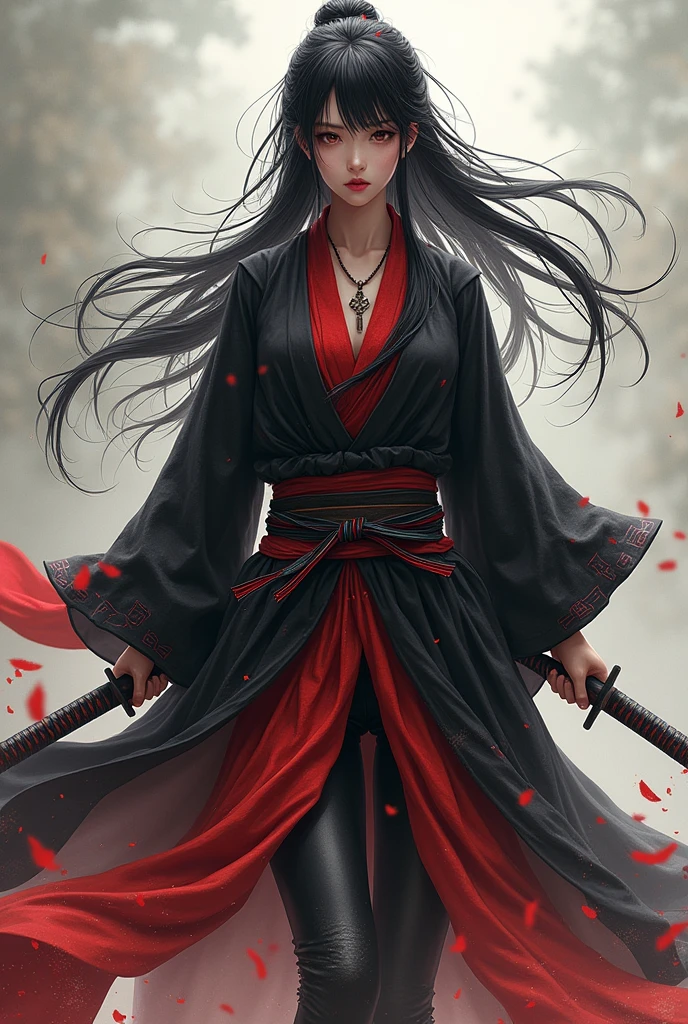 female ninja a Japanese ,armer , long here ,white skine, japanes cloth, black and red color cloth, short cloth,full body, holdding katana sword