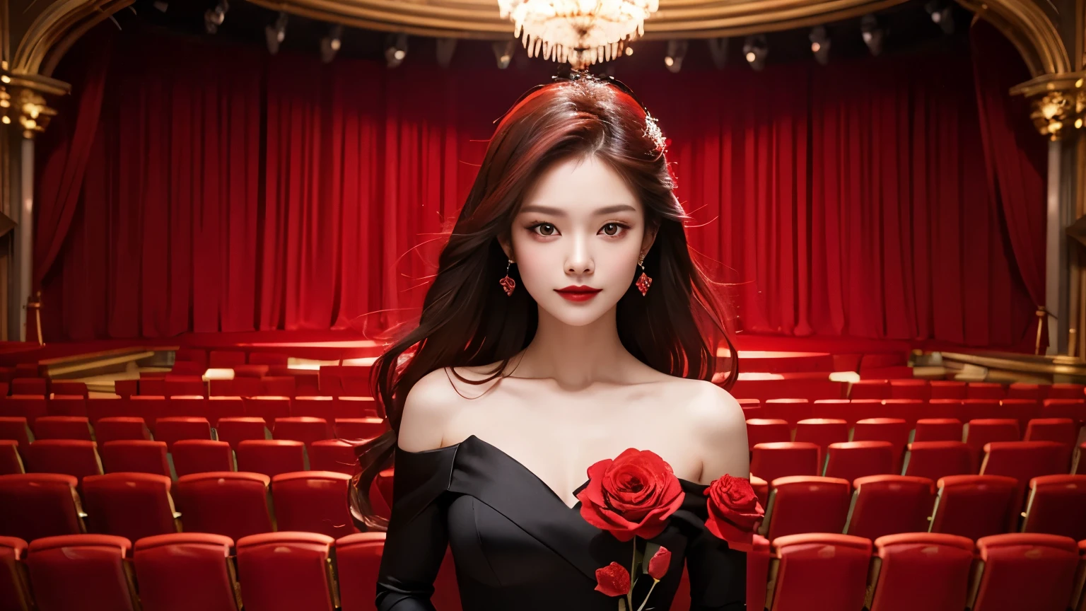 Opera House、woman、Wearing a red and black rose dress、Vermilion Hair