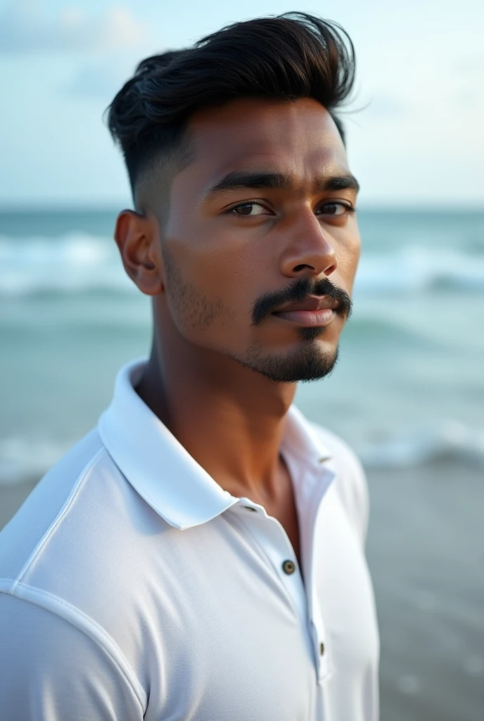 Best quality,  face focus, no facial hair, upto waist, side  light, ultra high res, (photorealistic:1.4), RAW photo, 40 yr old tamil youth  solo, ( lights in the eyes), detailed shaved face with only moustache, broad shoulders (high resolution detail of human skin texture), (very close cropped short hair fully combed back), outdoor, standing on sea shore , white plo Tee shirt unbuttoned at chest , hair neatly combed backwards view up to chest full front right view.  Remove beard and facial hair completely