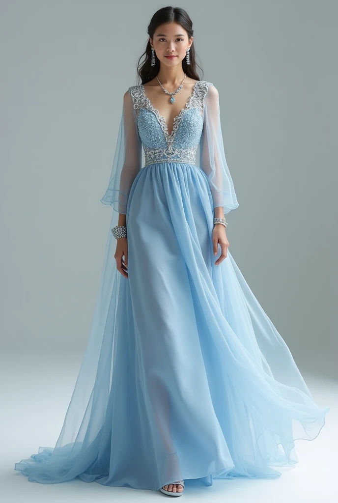 A long flowing dress, the fabric should be light and comfortable, such as silk or chiffon, to give the outfit a gentle and graceful movement. A sweet or V-neck that is not too low adds elegance and neatness while looking gentle and not too flashy. Long or three-quarter sleeves make it look polite and appropriate for formal events, adding elegance and a sense of lightness. This outfit is available in light blue or silver, reflecting the peace and purity of water. Add luxury by decorating with crystals or small sequins that make the outfit sparkle when hit by the light. Intricate embroidery of water droplets or water waves around the collar, sleeves, or hem adds sophistication and uniqueness to the outfit. Choose a necklace with a water drop pendant, or a necklace with a water wave pendant that complements the outfit and earrings adorned with blue or silver crystals to add luxury and complete the look. Bracelets or rings with intricate designs and adorned with blue or silver gemstones add elegance while maintaining grace and gentleness. Silver or light blue high heels.: High heels that complement the outfit, such as silver or light blue, with a simple and elegant design, suitable for walking at formal events. A shawl made of sheer chiffon fabric in a color that complements the outfit, such as light blue or silver, to add softness and elegance while making the outfit look more perfect.