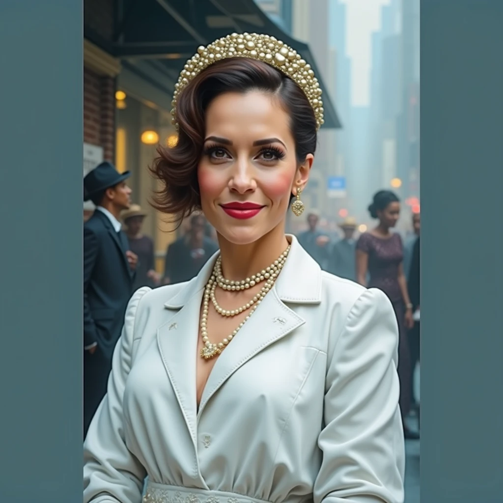 Amidst the busy streets of New York in the 1920s, a vibrant scene unfolds: jazz music floating in the air,Kamala Harris, Michele Obama, dancing with abandon, e Joe Biden, Donald Trump, Barack Obama taking off his hats. A imagem, A beautifully rendered painting, captures the essence of the golden twenties with impeccable detail. Each figure is meticulously represented, from the glide of fringed dresses to the sparkle of pearl necklaces. The artist's skill is evident in the rich colors and dynamic composition, transporting viewers back to a glittering era of decadence and charm.