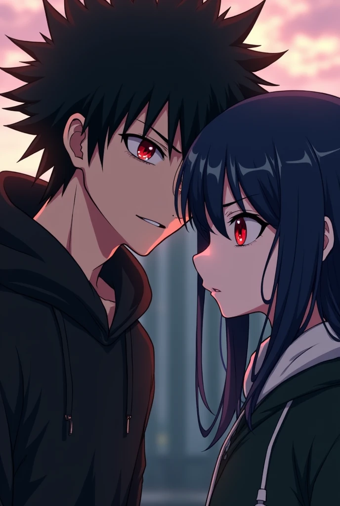 A boy ((( Anime boy , Spiky hair , black hair , black hoodie , blood red eyes , narrowed eye , ))) , A girl ((( Anime girl , dark blue hair , modern day mullet hair style , black hoodie , red eyes , almond eye )))