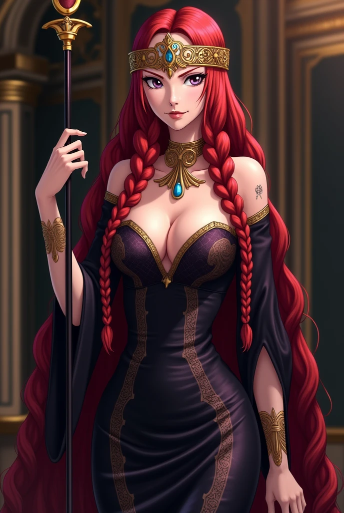 Irene belserion fairy tail, elderly age but still youthful looks , more hot, calming, scarlett hair with long and wavy Braided , wearing Sexy form-fitting, ornate dress with intricate patterns, as black dark purple, ORNATE HEADDRESS , long staff or scepter, very less clothes covering showing more skin from belly and tight