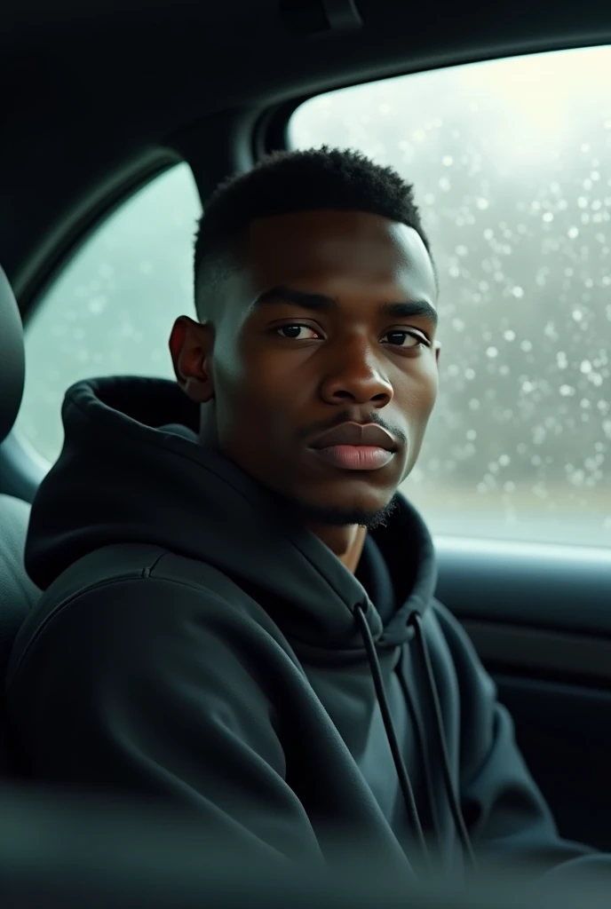 best qualityer:1.4), (ultra high resolution:1.2), (photorrealistic:1.4), (8k, CRU photo:1.2), a thin young man of 20 years old, skin black, with a smooth, beardless face, short american haircut on the sides and top, is wearing a black hooded sweatshirt. He's wearing a hood. is sitting in the back seat of a car. There are raindrops on the car windows.