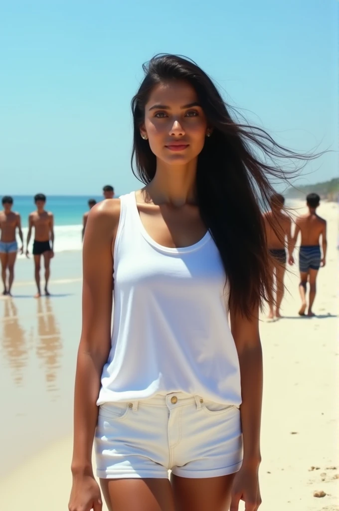 Gorgeous Indian girl Standing Gorgeous In Beach, Teen boys in background, White Sleeveless tshirt with shorts, UHD , Full screen Portrait, Full view, Photography