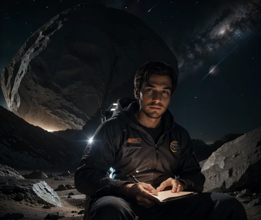 Draw a young programmer, sitting on a research platform floating in the middle of an asteroid belt. He is studying with a notebook, surrounded by several asteroids glowing with fiery auras. Dramatic lighting from distant stars and planets illuminates the scene, casting deep shadows on the suit. The young man looks confident and determined, looking at the vast and mysterious universe with wonder and respect,facial hair, cowboy shot,