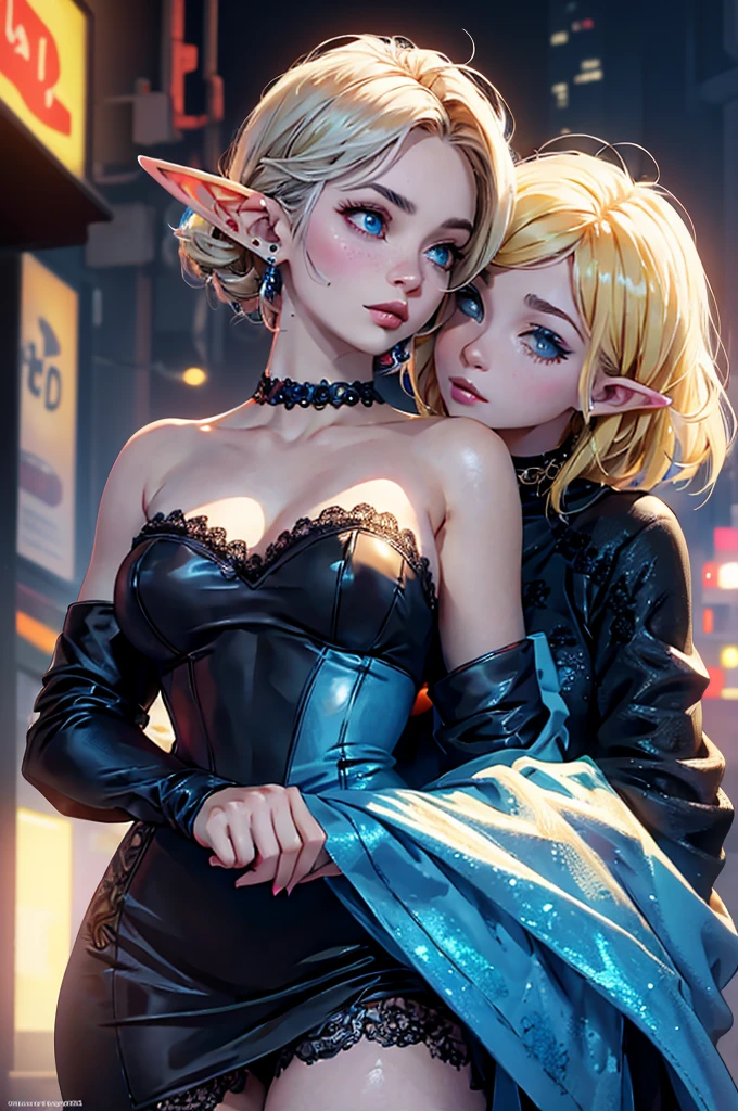 (masterpiece, best quality, 8k, sharp focus, depth of field, best shadows, perfect lights, HDR, realistic skin texture, ultra-detailed background, detailed), anime style, 2 women kissing (one of them has green eyes, white skin, black hair with ponytail, choker, small breasts, slim, makeup, eyeliner, glitter), (the other woman has blonde hair), at a night club, cyberpunk theme,  Cyberpunk City.