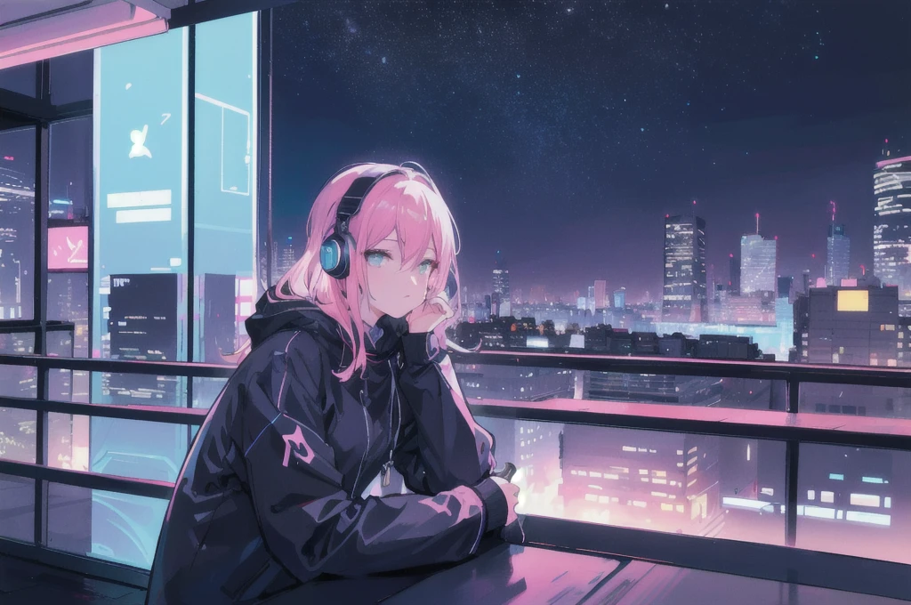 The illustration depicts an urban nightscape with an 80's city pop atmosphere. In the background are skyscrapers glowing with neon lights and a bustling cityscape, giving the viewer a sense of urban vibrancy. In the foreground, a woman relaxes and listens to music. She is sitting on the terrace of a café, wearing headphones and enjoying the music. The woman is in a relaxed posture, looking out at the night landscape. The overall color palette is a gradation of soft nighttime blues and pinks, creating a nostalgic and modern atmosphere. The illustration balances the serenity and liveliness of an urban night, leaving the viewer feeling relaxed and comfortable."
Translated with DeepL.com (free version)