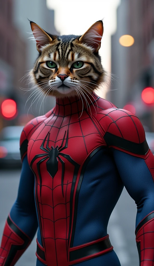 Spider-Man's agile physique is depicted in a dynamic pose, with the upper body of his iconic suit remaining intact. However, his head has transformed into that of a majestic Maine Coon cat, complete with fluffy whiskers and piercing green eyes. The Spidey suit's red and blue hues are subtly reflected in the cat's fur, creating an intriguing visual connection between the two forms. In the background, a cityscape at dusk provides a gritty contrast to the whimsical fusion of superhero and feline features.