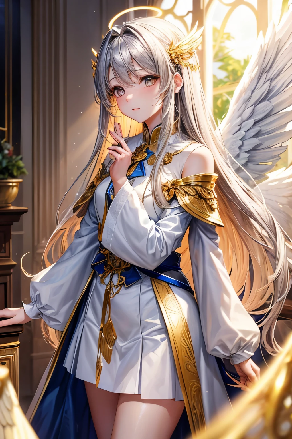 A high-ranking angel with six pairs of wings。Gorgeous honey gold hair。Wavy long hair。Mysterious silver eyes。A beautiful god clothed in light々Standing。
Light shines from the sky、illuminated by a halo。