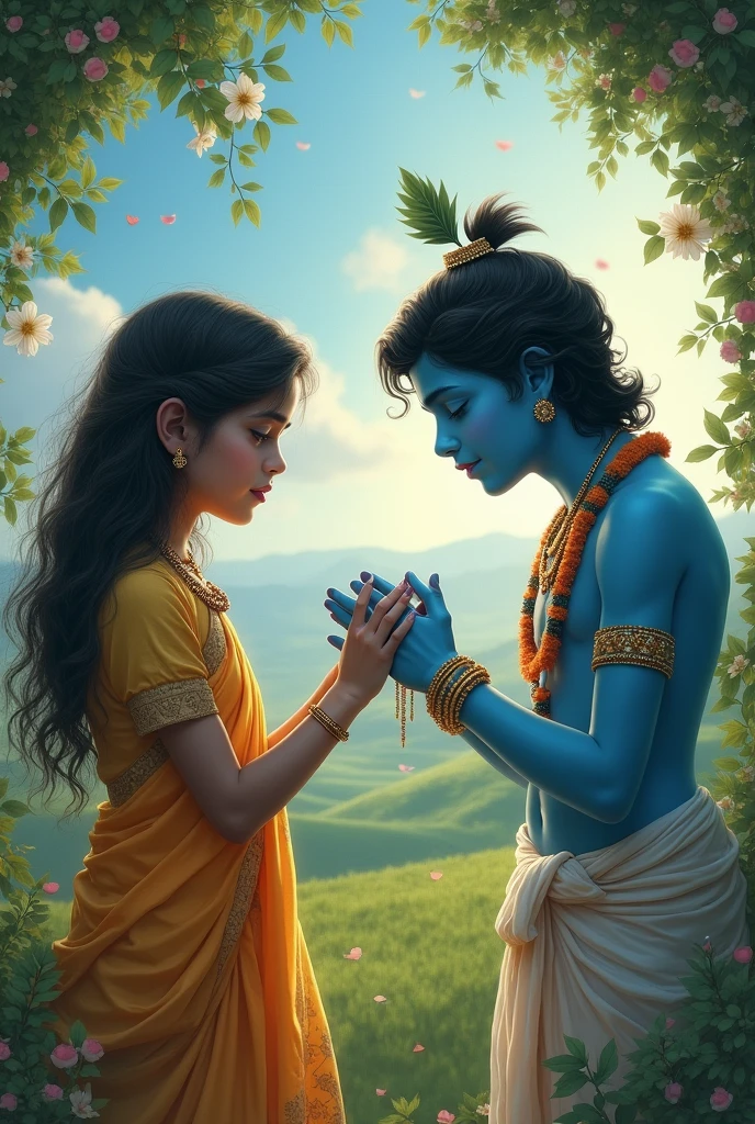 A lonely girl is sitting ver upset turning her back and lord krishna is helping for her which she don’t know