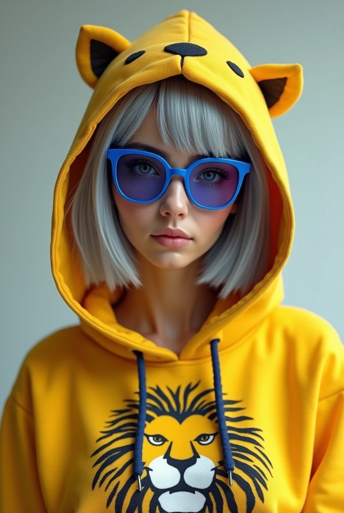 a beautiful woman with grey hair and wearing a yellow lion hoodie  hat ,put in blue oakley glasses 3d render
