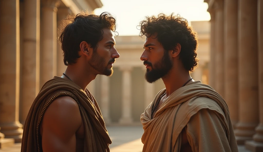 A male stoic philosopher with a well-proportioned, attractive physique stands in a grand Roman forum, engaged in a deep conversation with a trusted companion. The philosopher, exuding a confident and charming demeanor, wears classic tunics in muted earthy tones—grey, brown, and olive green—with subtle gold or copper accents. His very short, well-groomed beard and wavy, stylized hair add to his alluring presence. The companion, equally charismatic with a seductive and captivating gaze, mirrors his elegance. The camera is positioned at a medium distance, capturing both characters with the majestic Doric columns and the Forum’s grandeur in the background. The warm, golden light enhances their sensual allure and highlights the historical context. A shallow depth of field keeps the focus on the characters while the background is softly blurred.