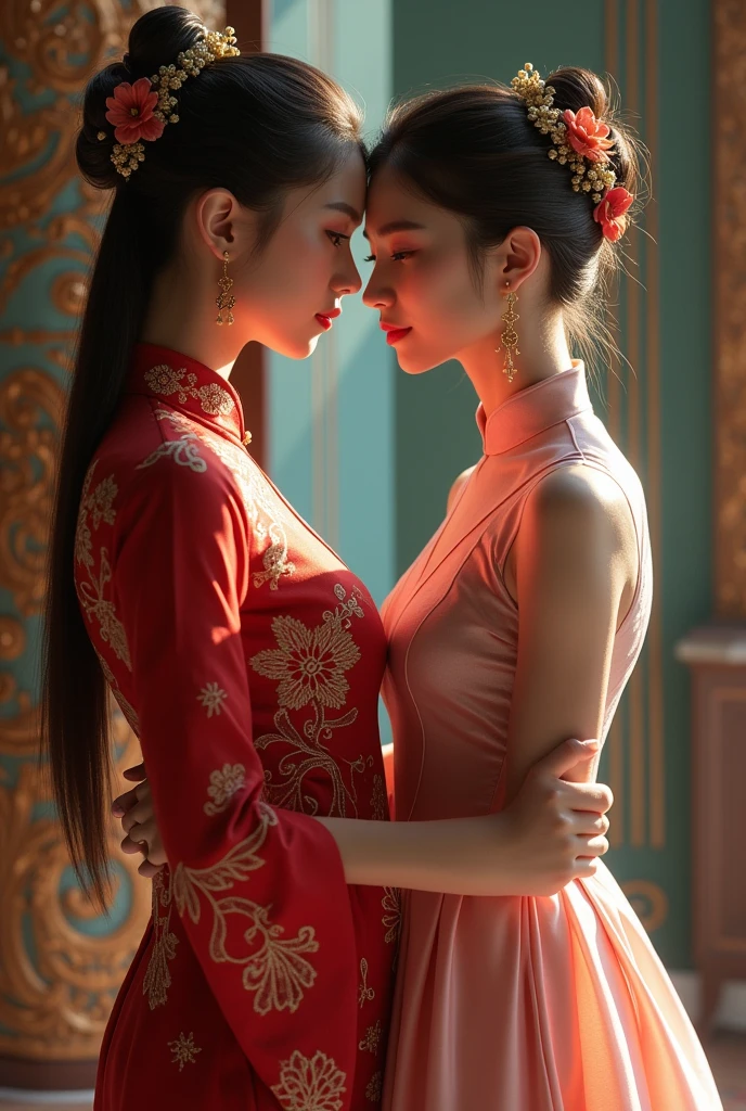You help me create pictures, Pure Vietnamese lesbianism, a council lady and a maid... Standing next to each other wearing Vietnamese traditional costumes