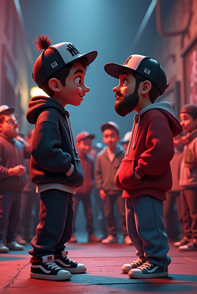 In 3D animation style "A dynamic scene of a rap battle in progress. The main character is delivering a powerful roast rap, with a confident and animated expression. He wears casual streetwear—baggy jeans, a hoodie, and a baseball cap turned backward. The background is a dimly lit urban environment with graffiti-covered walls, a small crowd gathered, some laughing and reacting dramatically to the roast. The opponent stands opposite, looking surprised and slightly embarrassed. The atmosphere is intense, with vibrant colors and energy, capturing the humor and drama of the roast rap"