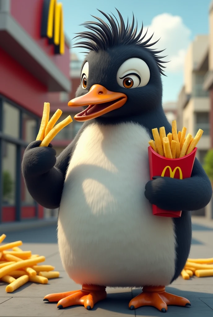 Fitness penguin with hair eating McDonald's fries