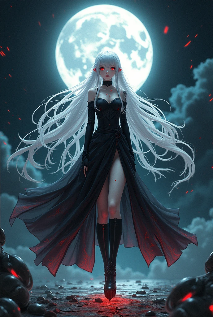 anime Girl with long white hair down to her waist, with small red details, red eyes, long black dress with a leg slit, with red details, long black boots up to below the knees, white skin, the ground around her is cracking and small stones are floating around her surrounded by a black aura, she is surrounded by shadows, and the background is dark like the night with the universe and stars, her presence causes fear, her shadow appears to be a monster, 8k, high quality, full body, (ultra-realistic), {extremely detailed 8k CG unit wallpaper}, expansive landscape photograph, (light: 2.0), (warm light source: 1.5), complex details, (iridescent colors: 1.5), (bright lighting), (atmospheric lighting), surreal, impressive, fantasy, (Solo: 1.2), White moon, (detalles ultra épicos), efecto de muchas aguas, rayos y truenos, caos, naturales, destello, 3D, 8K, fondo de pantalla, dark monster like shadow with big teaths and red eyes