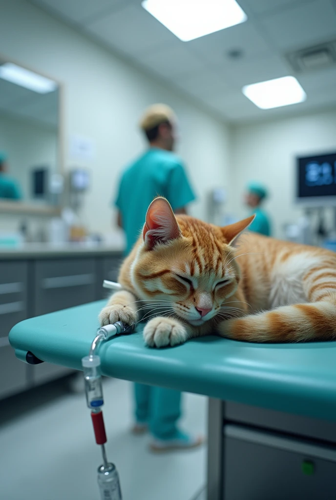 cat receiving serum while hospitalized at a veterinary clinic