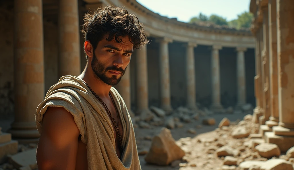 In the ruins of an ancient Roman bathhouse, the male stoic philosopher stands alone, portrayed in a dramatic close-up shot. His once-elegant tunics are tattered and stained, but his seductive, intense gaze remains captivating. Harsh, angled lighting emphasizes the deep shadows and highlights his striking features. The camera captures his anguish and emotional depth, making his vulnerability both compelling and visually powerful. The background of crumbling Doric columns and fragmented marble structures contrasts sharply with his alluring presence, with a high-contrast, gritty texture to underline the dramatic shift from the earlier scenes.