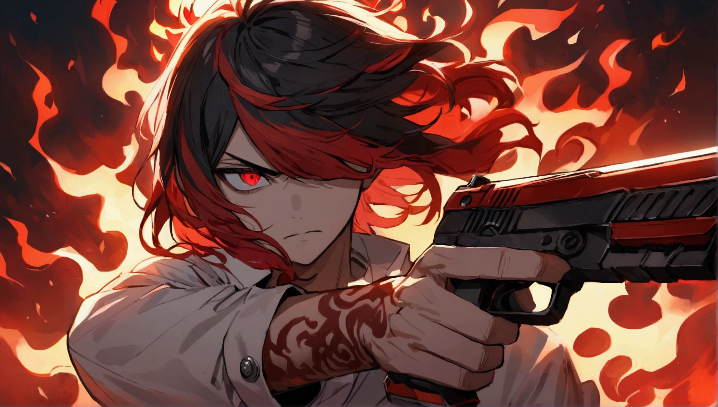 teenage boy, tidy hair, medium length hair, multicolored black and red hair, long bangs covering the left eye, Eyes red, serious face, white shirt, school blue jacket, red tattoos on the body, fiery aura, holding two red pistols