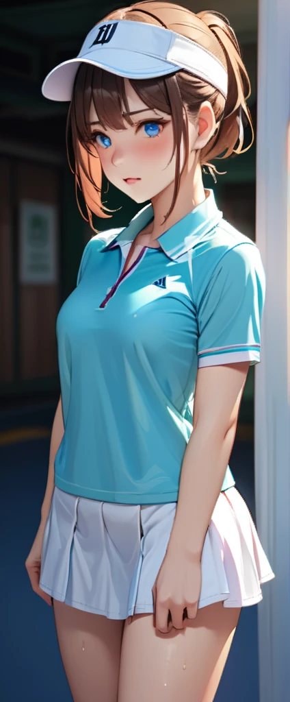 woman,2,brown hair,Tennis uniform,short hair,blue eyes,Mansuji, ,,I can see your underwear,Full body Esbian, (close shot, highest quality, High resolution, 4k, detailed lighting, shader, NSFW), embarrassed look ( blush:1.2)(Wet state)beautiful ponytail