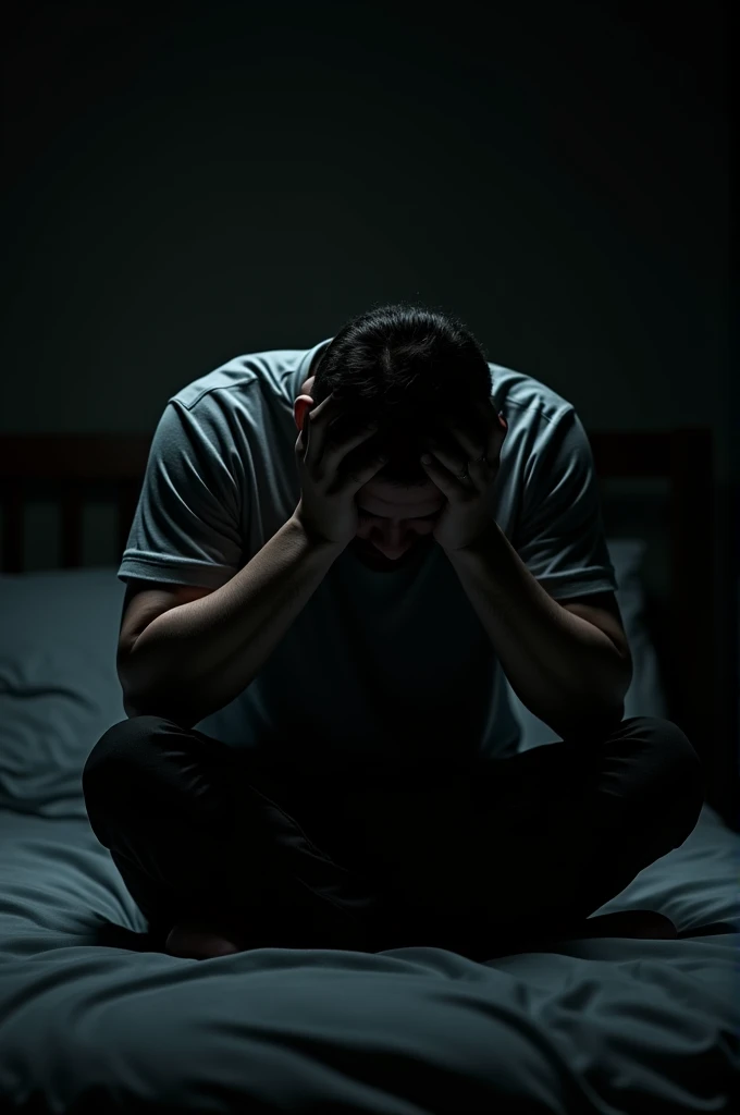 A man with his head down, Sitting on the edge of the bed, in a dark room, with hands on head, transmitting his internal pain.