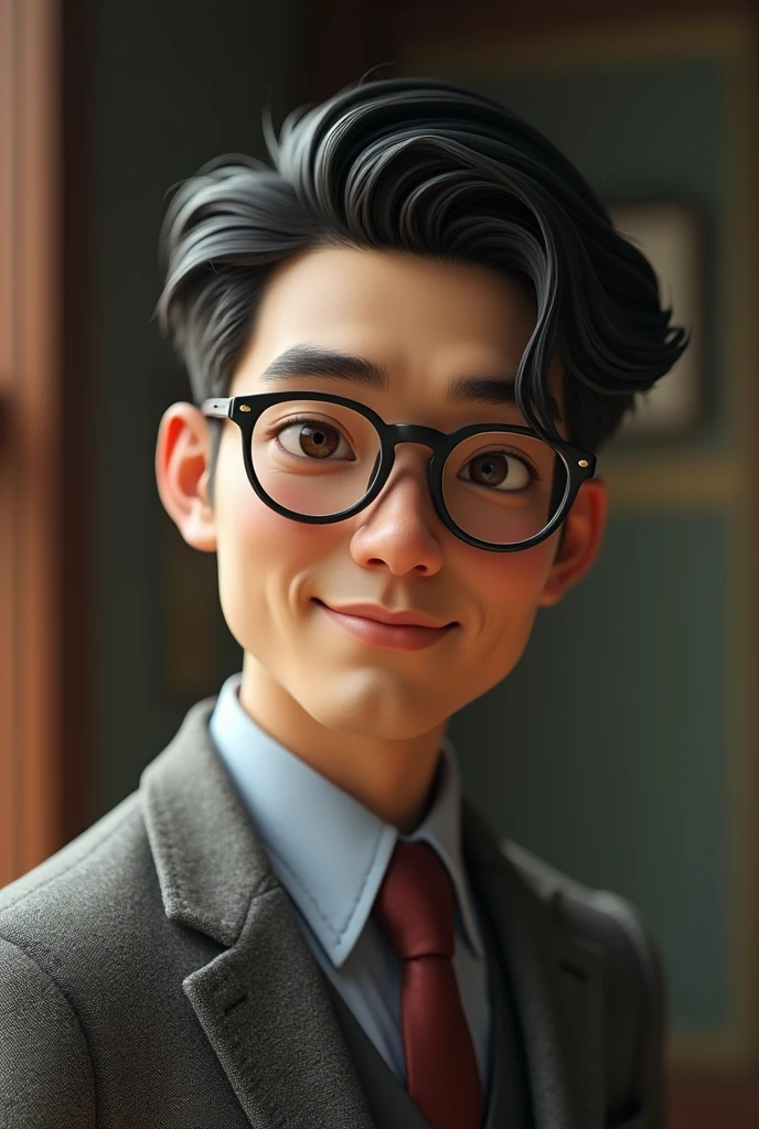 Male teacher with glasses, asian, brown eyes,perfect eyes, black hair, lean and sharp features with a vintage and rich style as well as light tanned skin, and 5ft 9 And is 2, 3d render 
