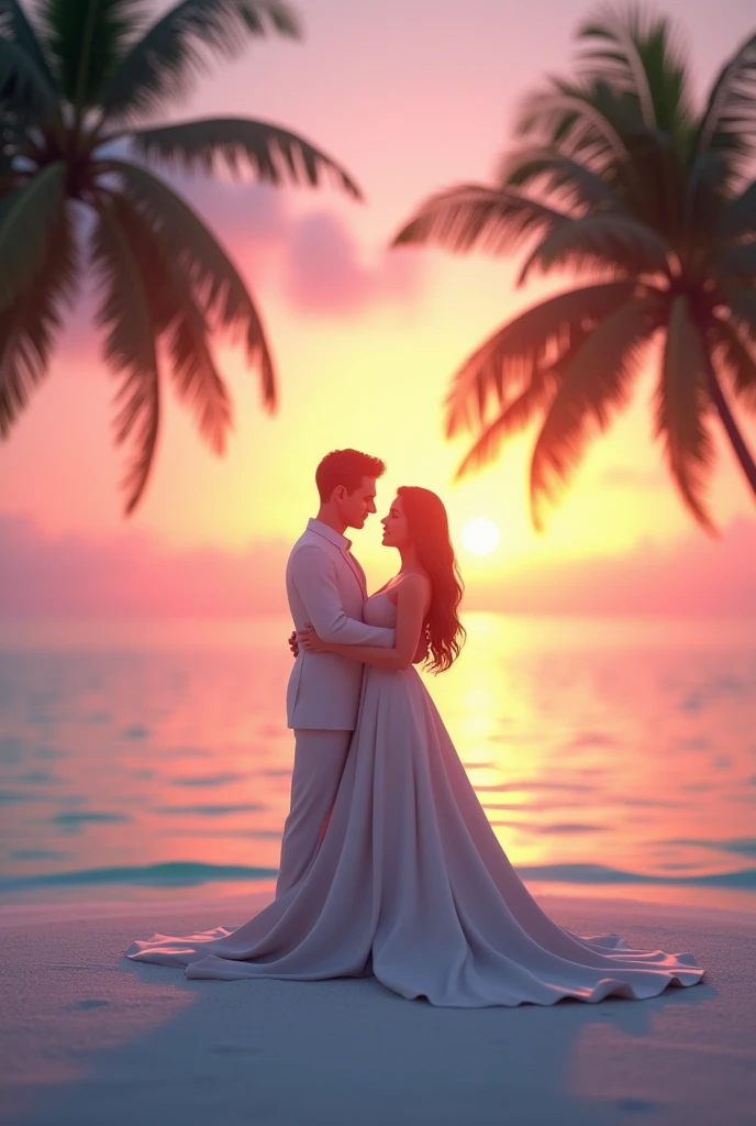 Creating a 3D full-body portrait with the specified scene involves a combination of 3D modeling, texturing, and rendering. While I can’t directly create a 3D model here, I recommend using software like Blender or Maya. Start by modeling the couple, the Maldives seaside, and the sunset. Apply textures to achieve the pastel pink and purple colors. Finally, set up lighting and render the scene. If you need more detailed guidance, feel free to ask!