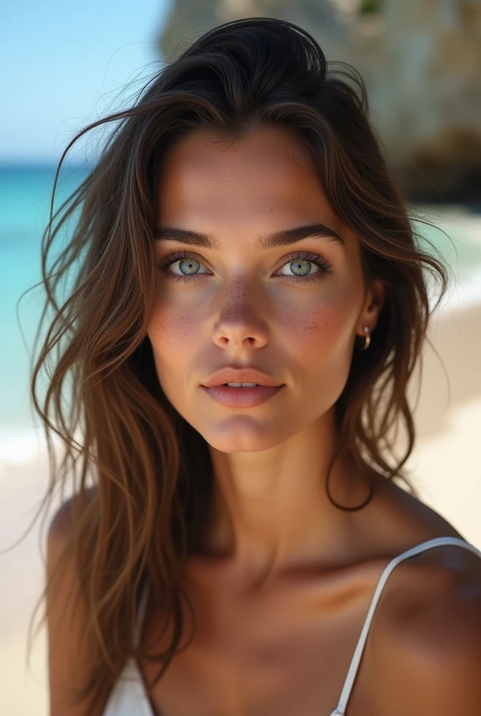 portrait photo ultra réaliste d'une femme brune sur la plage, européenne, yeux bleus clairs, sans maquillage, quelques légères taches de rousseurs, minutieux et détaillé, très détailé, 4k, haute résolution, photographie primée