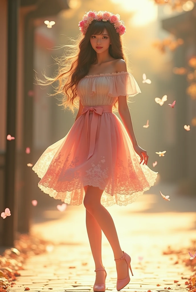Ultra high quality,Long legs,cute,Sunlight,Off-shoulder,Wear flowers on your head,charming,Ribbon,Pink lace skirt,Flowers on skirt,High heel,Expose the whole body,High heel,School Belle,student,Second Dimension