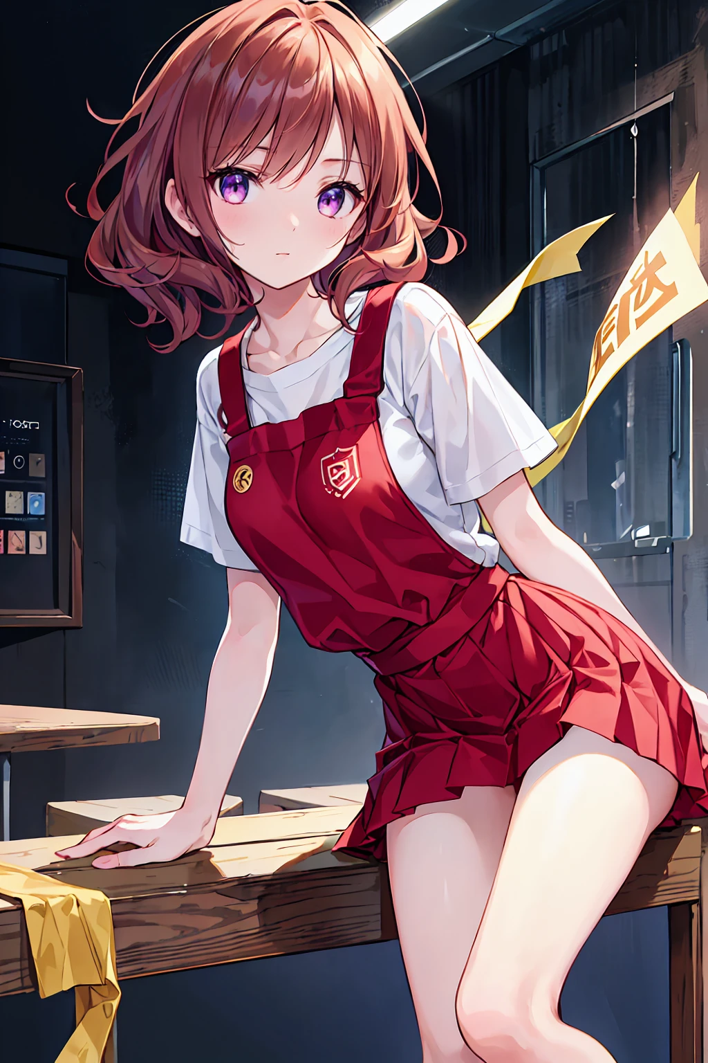 ((Browsing Caution:1.2)),(masterpiece:1.2, Highest quality), (Realistic, photoRealistic:1.4),((throw:1.2)), Beautiful illustrations, (Natural Side Lighting, Cinema Lighting),Looking at the audience, Face Focus, 1 female,(alone),Perfect Face, Perfect body, Symmetrical cute face, Glowing Skin, , Purple eyes, Captivating thighs:1.2,thin,((Leaning forward)),Beautiful Hair, Beautiful Face, thin and beautiful eyes, Beautiful clavicle, Beautiful body, ((Sharp and beautiful)),Beautiful thick thighs, Beautiful legs, Beautiful fingers, ((White short sleeve shirt,Red pleated skirt,Red Apron)),(Blushing and looking at the viewer),At a restaurant,Sit on a chair,Low - Angle,choker,Brown Hair,Shortcuts,Messy Hair,Slender beauty,Hall々A positive attitude,Small box,Beautiful legs,