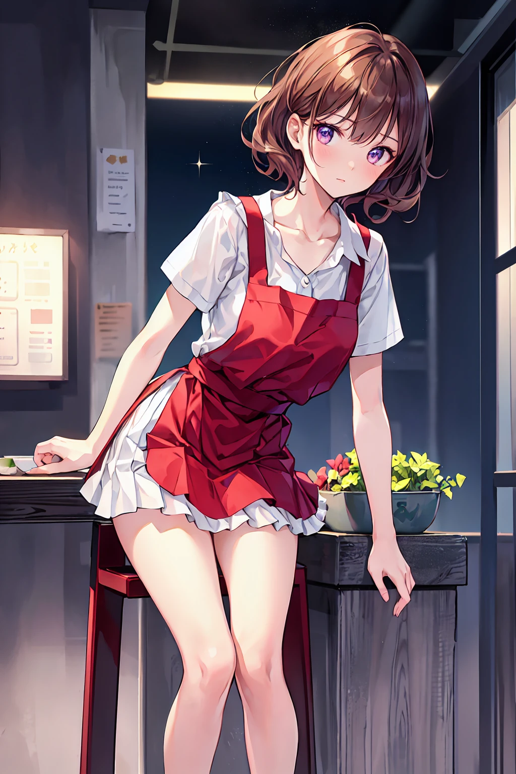((Browsing Caution:1.2)),(masterpiece:1.2, Highest quality), (Realistic, photoRealistic:1.4),((throw:1.2)), Beautiful illustrations, (Natural Side Lighting, Cinema Lighting),Looking at the audience, Face Focus, 1 female,(alone),Perfect Face, Perfect body, Symmetrical cute face, Glowing Skin, , Purple eyes, Captivating thighs:1.2,thin,((Leaning forward)),Beautiful Hair, Beautiful Face, thin and beautiful eyes, Beautiful clavicle, Beautiful body, ((Sharp and beautiful)),Beautiful thick thighs, Beautiful legs, Beautiful fingers, ((White short sleeve shirt,Red pleated skirt,Red Apron)),(Blushing and looking at the viewer),At a restaurant,Sit on a chair,Low - Angle,choker,Brown Hair,Shortcuts,Messy Hair,Slender beauty,Hall々A positive attitude,Small box,Beautiful legs,