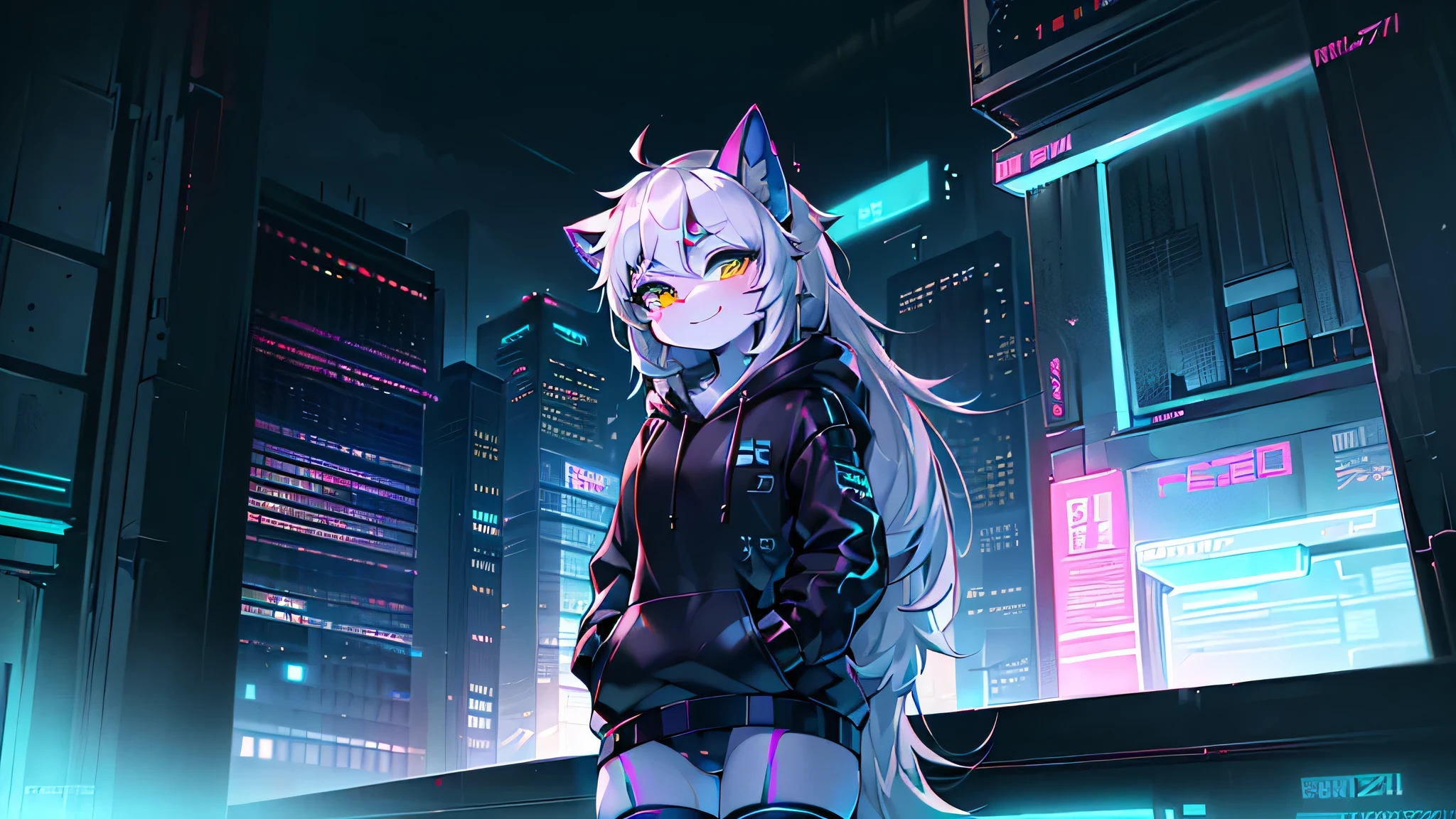 Masterpiece, 4K quality, top quality, high performance, high detailed, smooth, light, ((short cat, female gender, red green eyes, white hair, white skin color, long hair, neon eyes, wear cyber hoodies, wear black short skirt, wear black panties with neon line, wear black tights stockings)), (smooth art style), look at viewers with softly smiling face, smiling face, one hand beside, one hand in hoodie pocket, (blue color background, cyberpunk, cyber, cyberpunk 2077, core, cyberpunk style, cyberpunk building, holograms on building, sci-fi, futuristic, neon)