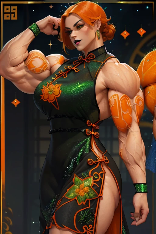 (Close view), tall, (green hair), beautiful muscular woman, long curvy hair, light brown skinned, closed smile, (black lipstick), ((massive muscles)), (hyper muscle), ((ginormous bulky muscles)), orange eyes, ((((green sparkly cheongsam dress embroidered with dragon designs)))), gauntlets, choker, thigh high lace socks, (in japan)