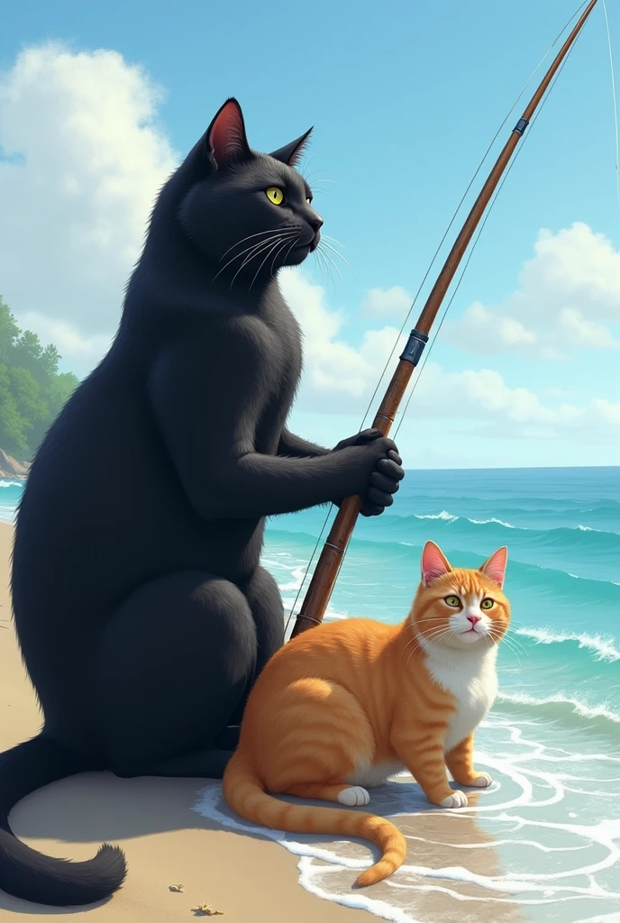2 cats fishing on the seashore, The male cat is big and black and the female cat is pregnant.