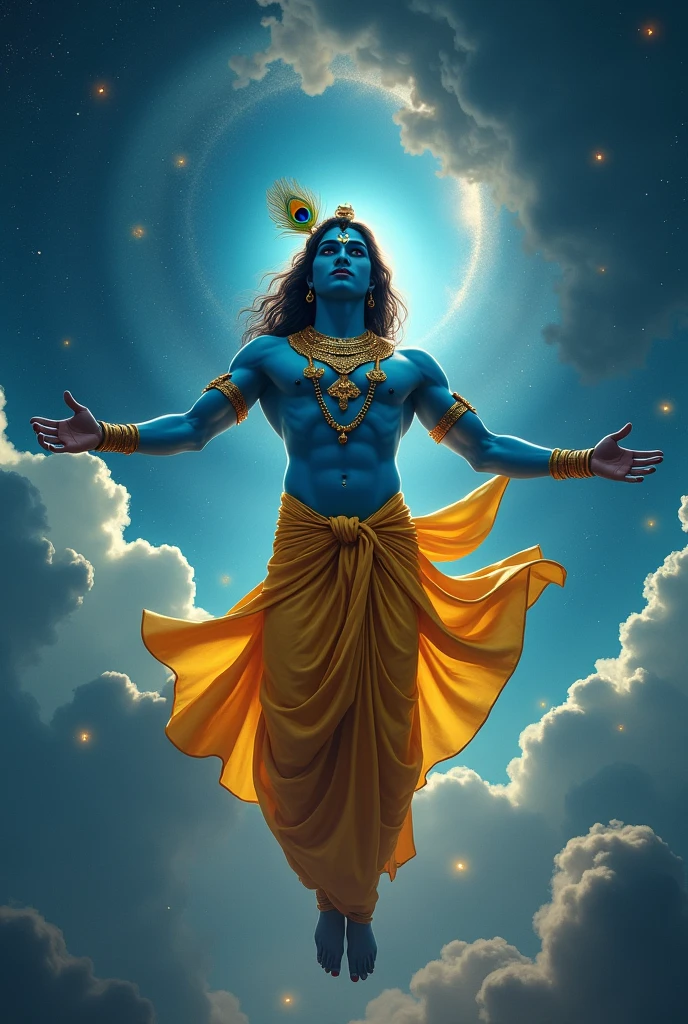 cool cinematic wallpaper, dark silhouette of handsome lord krishna floating in air, strong physique, golden armour, open arms, blue coloured skin, a peacock feather in hair, blissful expression, 'glowing eyes' , wearing yellow dhoti, galaxy in background, night, glowing fireflies in atmosphere, darkness in atmosphere, colour graded, vibrant, 4khd