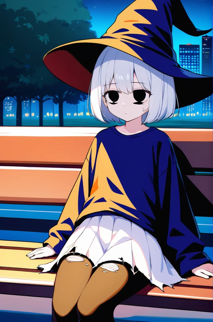 1girl, solo, cute, white short hair, wizard hat, close-up, shaded face, (ragged clothes:2.0), oversized shirt, (skirt:1.2), pantyhose, text, holding sign board with "GIVE ME MONEY", shorts, black thighhighs, expressionless, relaxing, sitting on bench, empty eyes, park, city, scenery, night, depth of field, masterpiece, best quality