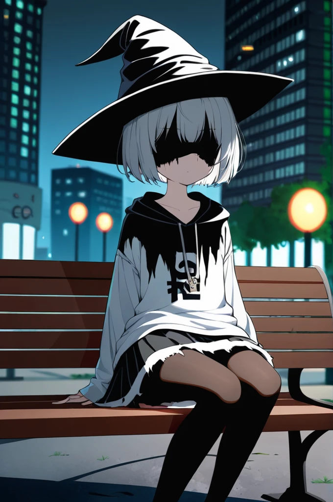 1girl, solo, cute, white short hair, wizard hat, close-up, shaded face, (ragged clothes:2.0), oversized shirt, (skirt:1.2), pantyhose, text, holding sign board with "GIVE ME MONEY", shorts, black thighhighs, expressionless, relaxing, sitting on bench, empty eyes, park, city, scenery, night, depth of field, masterpiece, best quality